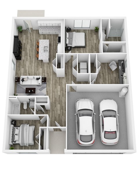 a 2 bedroom floor plan with a car parked in